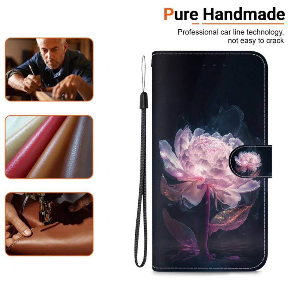 Flip Case Leren Oppo Reno 12f 5g Paarse Pioen Met Riem