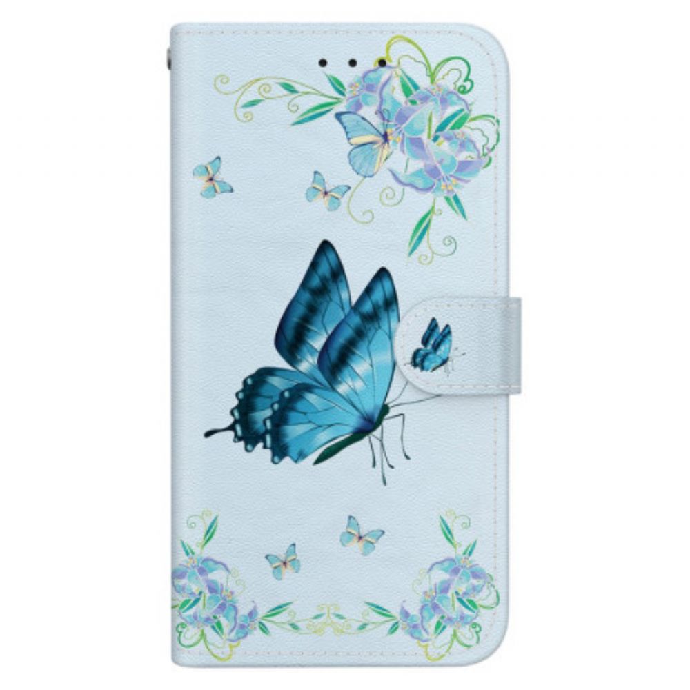 Leren Hoesje Oppo Reno 12f 5g Blauwe Vlinder En Bloemen Met Riempje Bescherming Hoesje