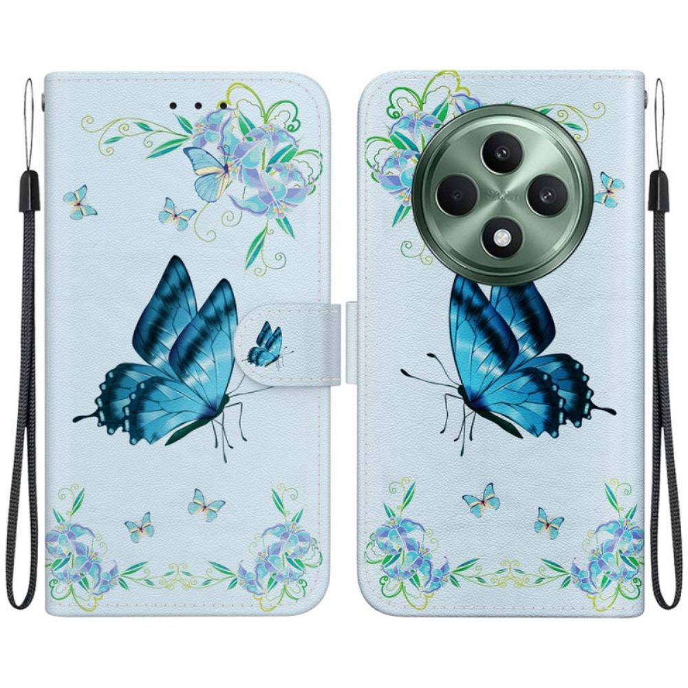 Leren Hoesje Oppo Reno 12f 5g Blauwe Vlinder En Bloemen Met Riempje Bescherming Hoesje