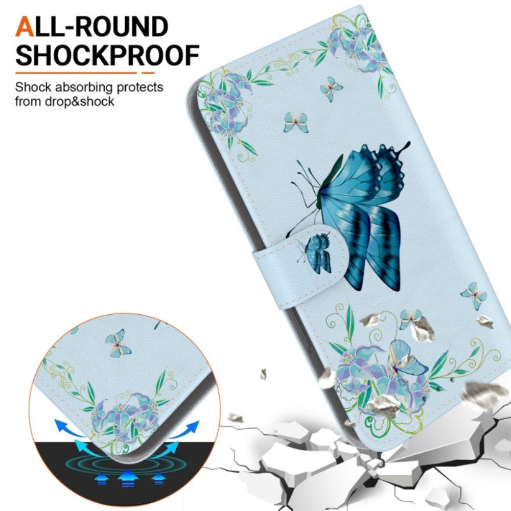 Leren Hoesje Oppo Reno 12f 5g Blauwe Vlinder En Bloemen Met Riempje Bescherming Hoesje