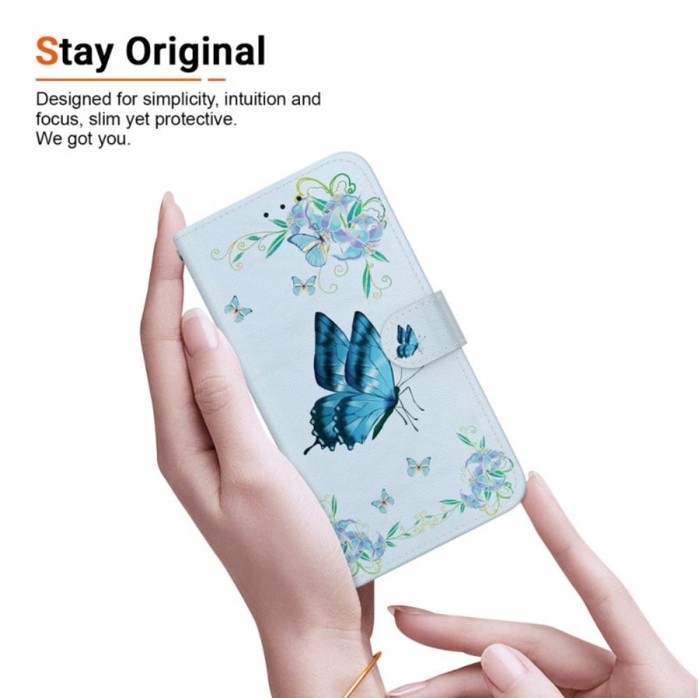 Leren Hoesje Oppo Reno 12f 5g Blauwe Vlinder En Bloemen Met Riempje Bescherming Hoesje