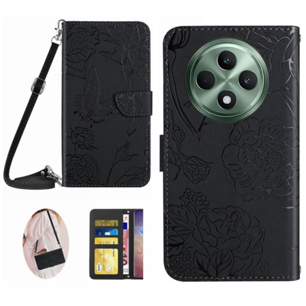 Leren Hoesje Oppo Reno 12f 5g Vlinderprint Met Schouderband Bescherming Hoesje