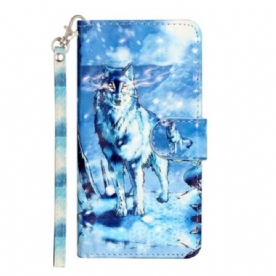 Leren Hoesje voor iPhone 15 Plus Met Ketting 3d Wolf Met Riem