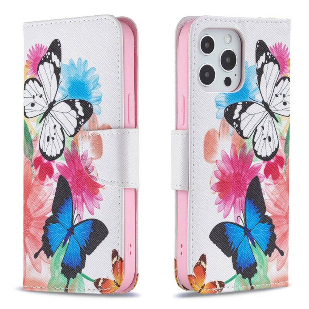 Folio-hoesje voor iPhone 13 Pro Max Geschilderde Vlinders En Bloemen