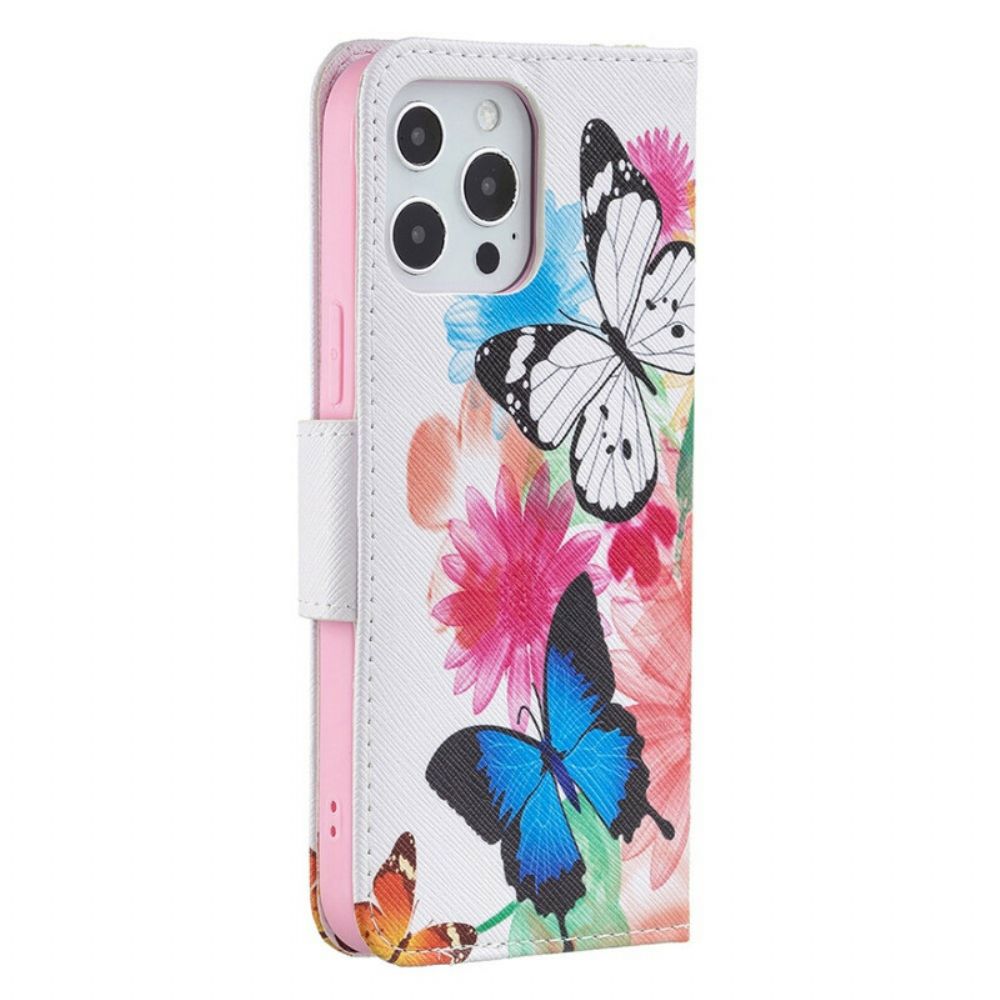 Folio-hoesje voor iPhone 13 Pro Max Geschilderde Vlinders En Bloemen