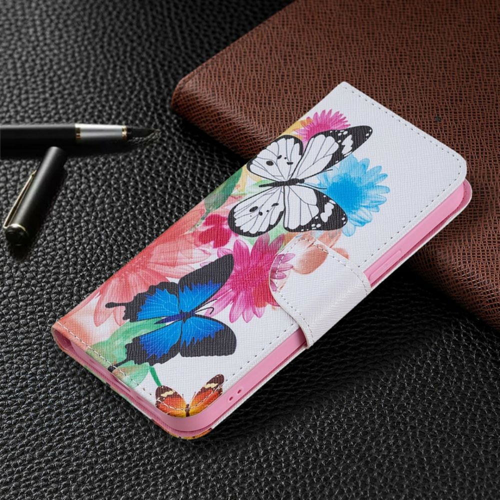 Folio-hoesje voor iPhone 13 Pro Max Geschilderde Vlinders En Bloemen