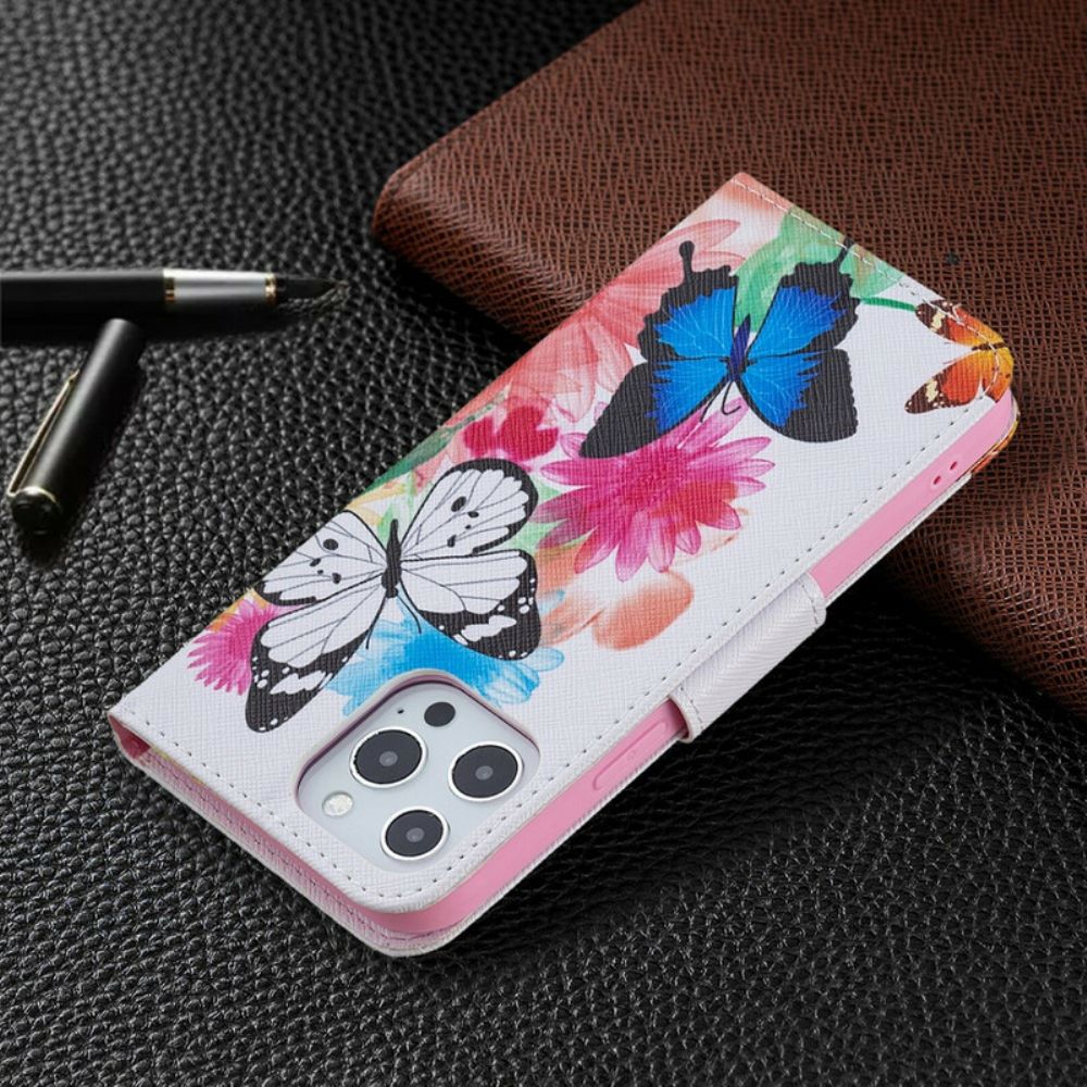 Folio-hoesje voor iPhone 13 Pro Max Geschilderde Vlinders En Bloemen