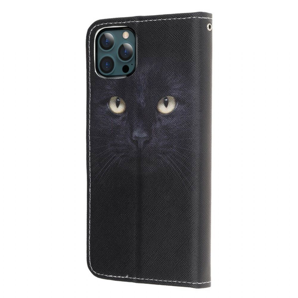 Folio-hoesje voor iPhone 13 Pro Max Met Ketting Gebonden Zwarte Kattenogen