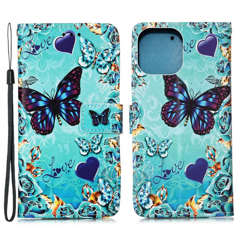 Folio-hoesje voor iPhone 13 Pro Max Met Ketting Liefde Vlinders Strappy