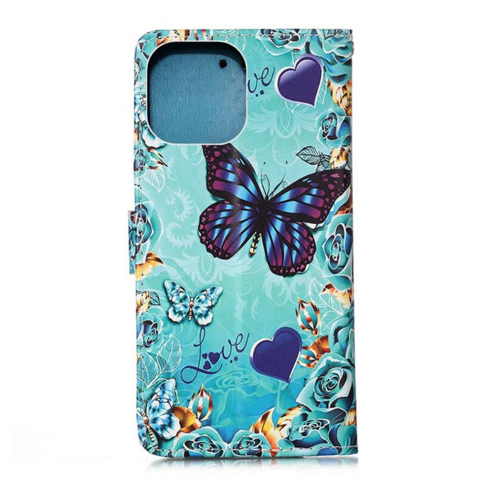 Folio-hoesje voor iPhone 13 Pro Max Met Ketting Liefde Vlinders Strappy