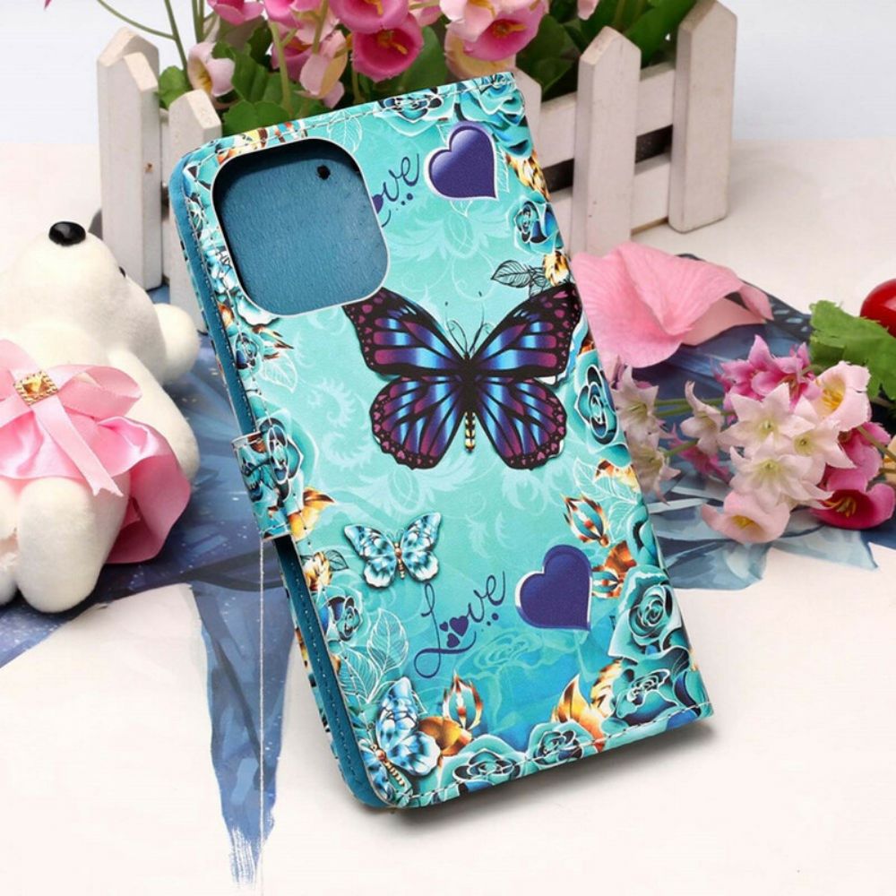 Folio-hoesje voor iPhone 13 Pro Max Met Ketting Liefde Vlinders Strappy