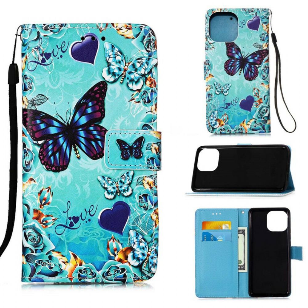 Folio-hoesje voor iPhone 13 Pro Max Met Ketting Liefde Vlinders Strappy