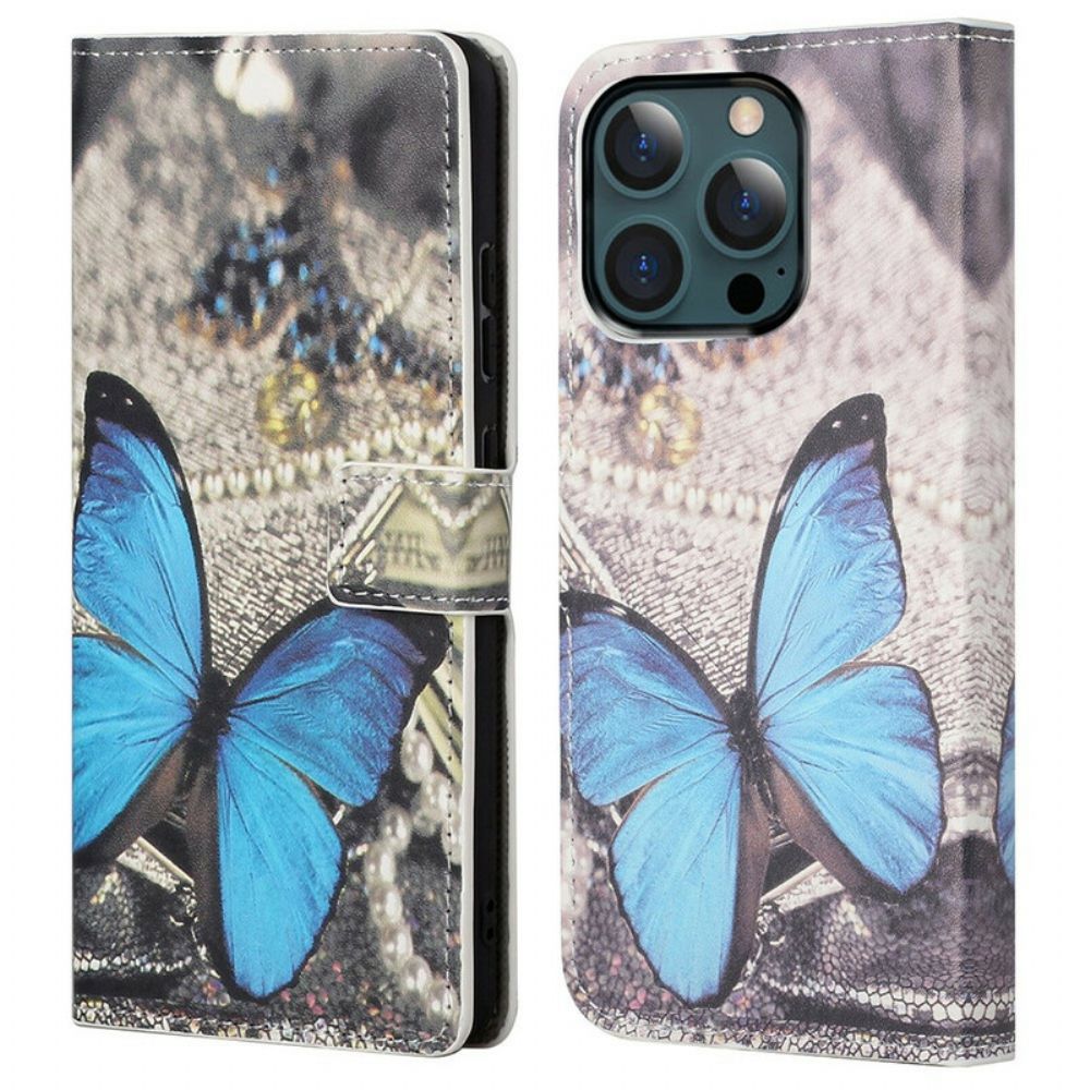 Leren Hoesje voor iPhone 13 Pro Max Blauwe Vlinder