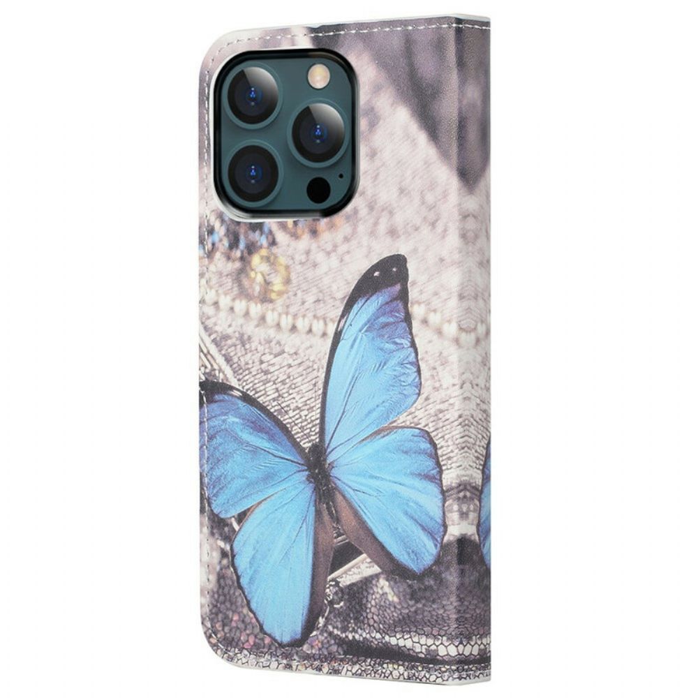 Leren Hoesje voor iPhone 13 Pro Max Blauwe Vlinder