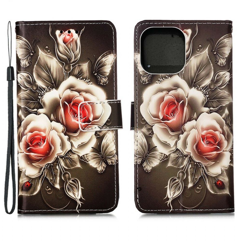 Leren Hoesje voor iPhone 13 Pro Max Gouden Rozen