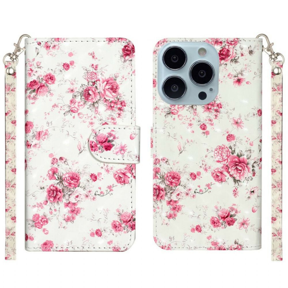 Leren Hoesje voor iPhone 13 Pro Max Met Ketting Bloemen Lichtvlekken Met Riem