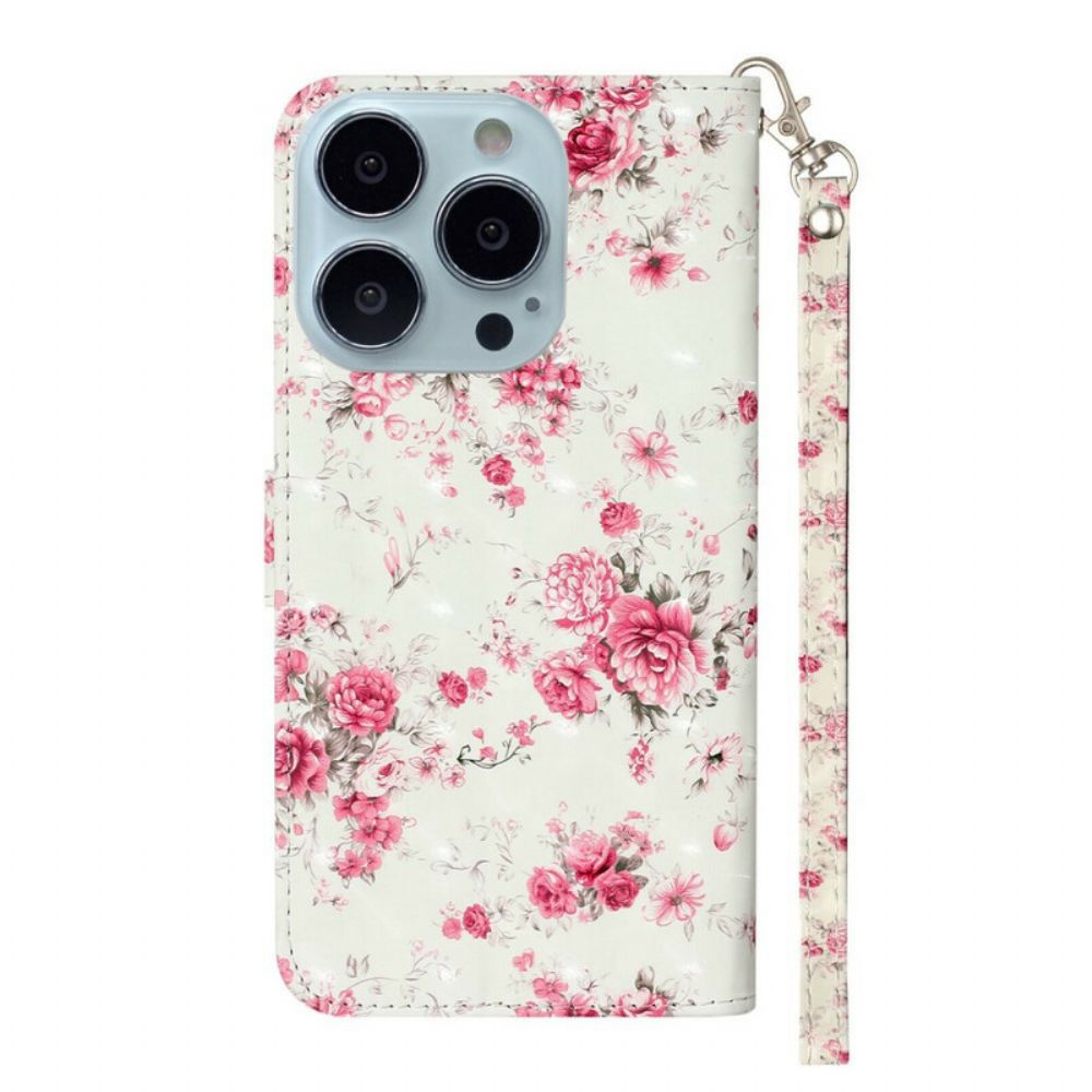 Leren Hoesje voor iPhone 13 Pro Max Met Ketting Bloemen Lichtvlekken Met Riem