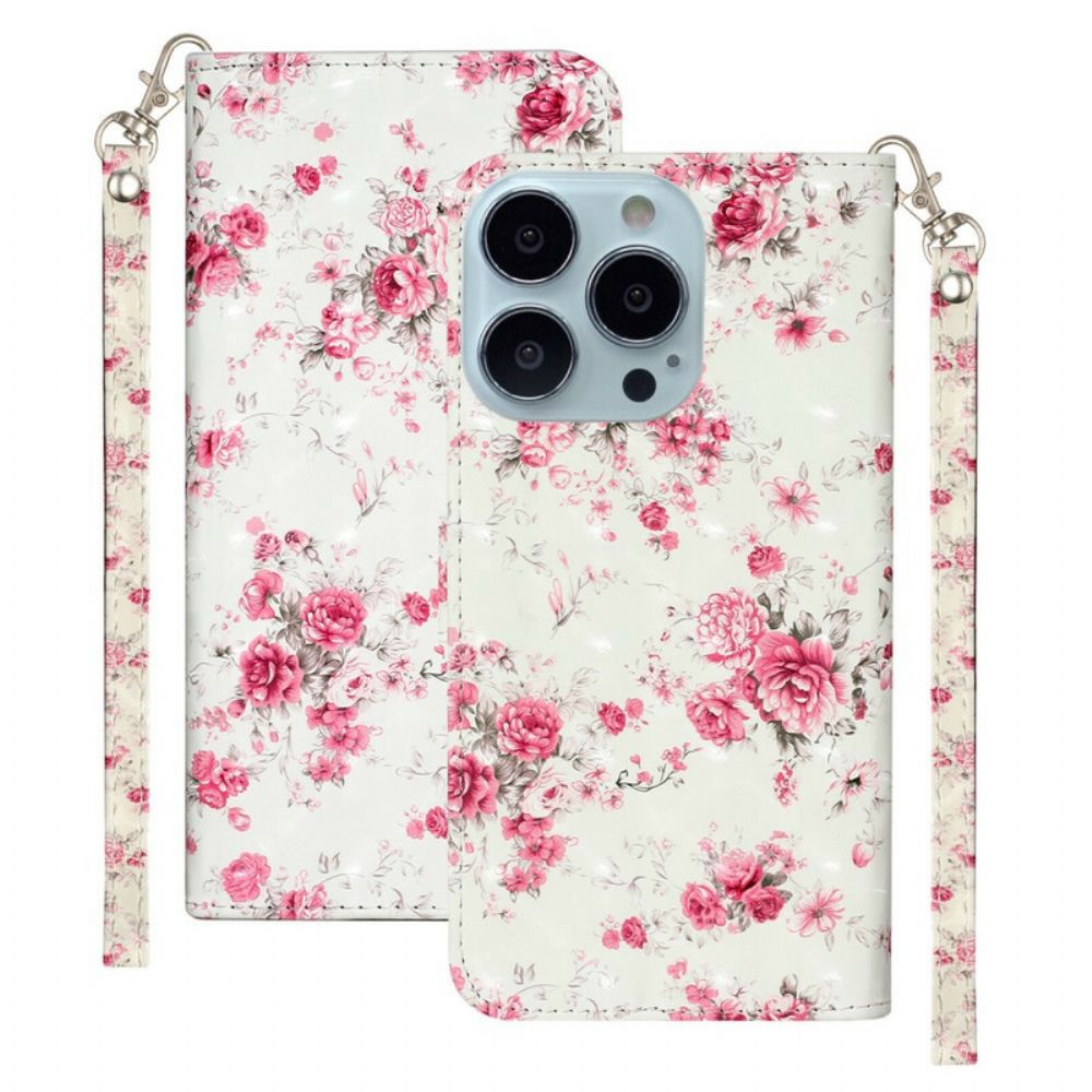 Leren Hoesje voor iPhone 13 Pro Max Met Ketting Bloemen Lichtvlekken Met Riem