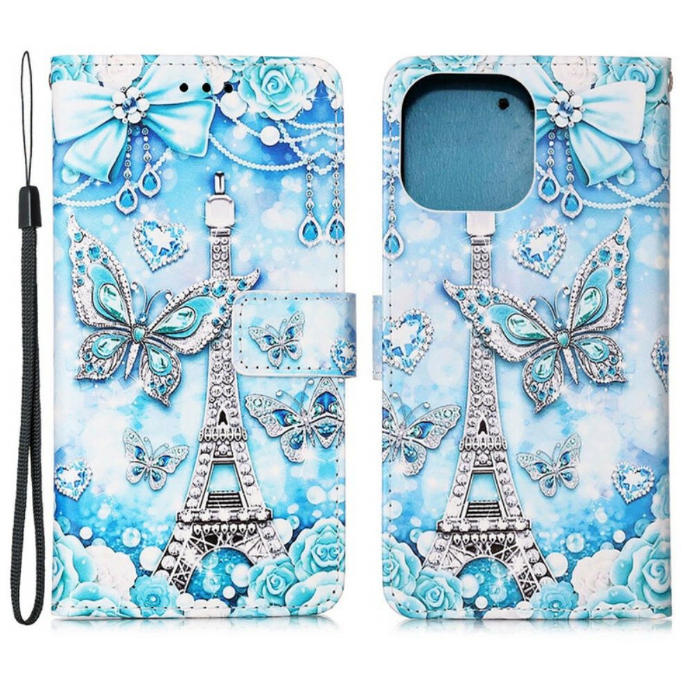 Leren Hoesje voor iPhone 13 Pro Max Met Ketting Eiffeltoren Vlinderriem