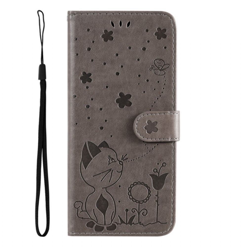 Flip Case voor Oppo Find X5 Lite Met Ketting Thong Katten En Bijen