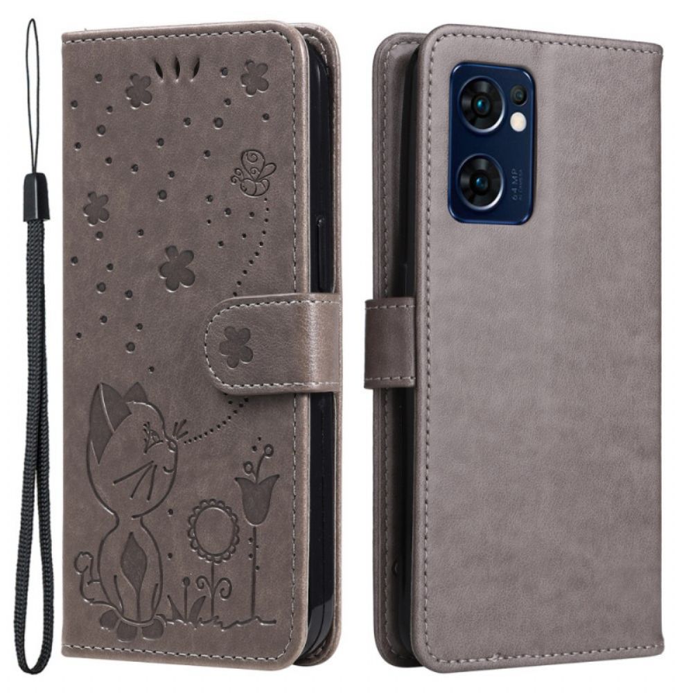 Flip Case voor Oppo Find X5 Lite Met Ketting Thong Katten En Bijen