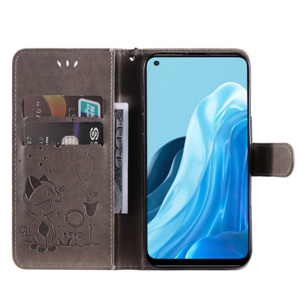 Flip Case voor Oppo Find X5 Lite Met Ketting Thong Katten En Bijen