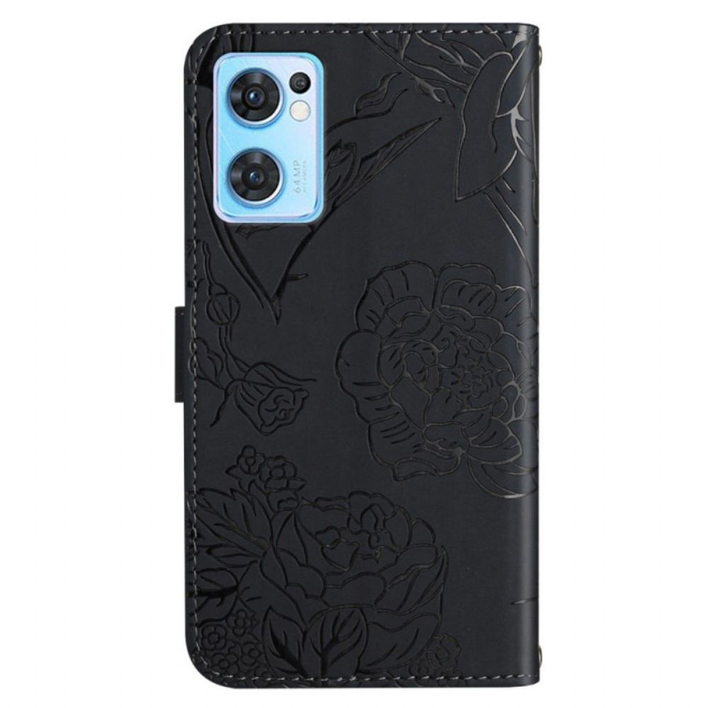 Folio-hoesje voor Oppo Find X5 Lite Met Ketting Bandje Met Vlinderprint