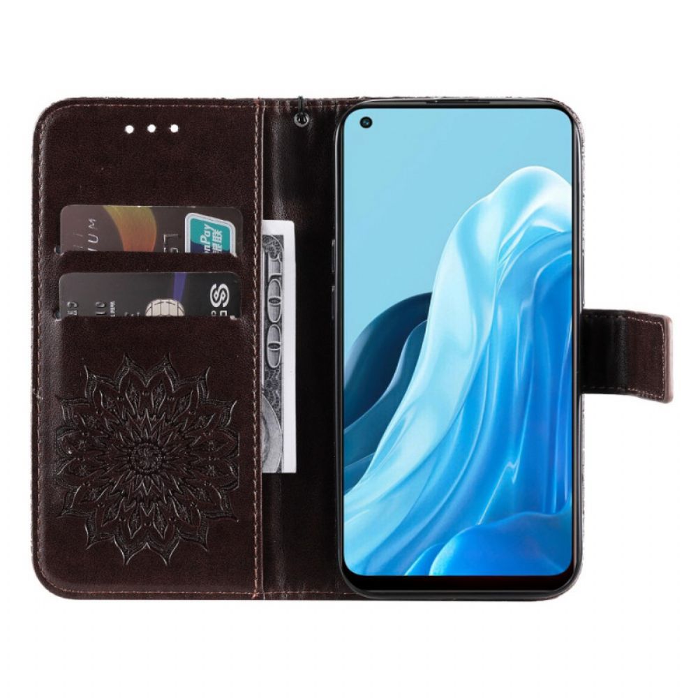 Leren Hoesje voor Oppo Find X5 Lite Met Ketting Zonneband Mandala