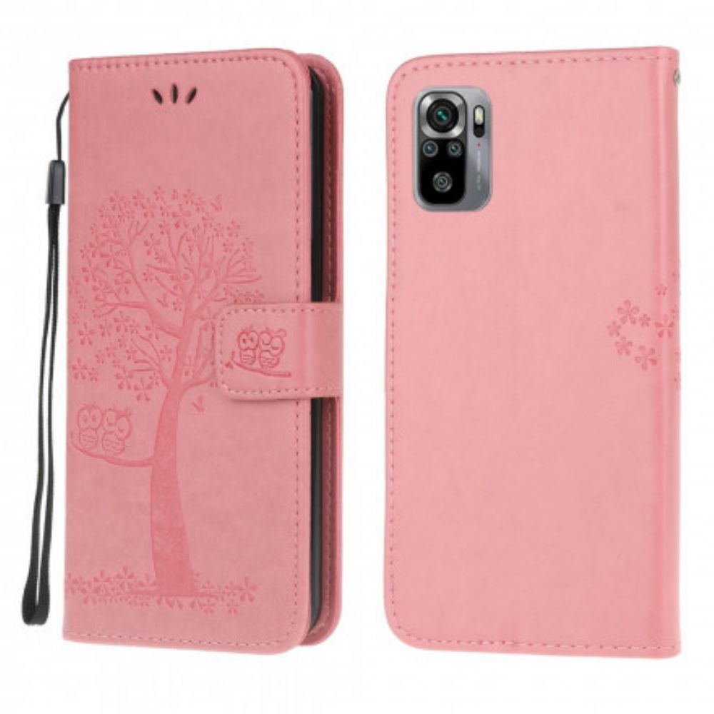 Flip Case voor Xiaomi Redmi Note 10 / 10S Met Ketting Boom En Uilen Met Bandjes