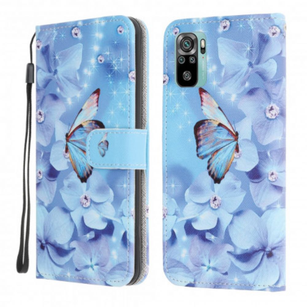 Folio-hoesje voor Xiaomi Redmi Note 10 / 10S Met Ketting Vlinders Met Diamanten Band