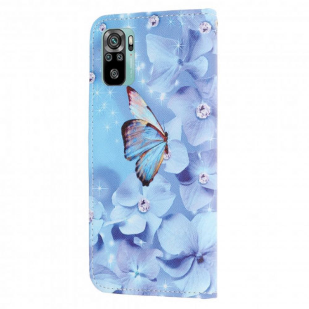 Folio-hoesje voor Xiaomi Redmi Note 10 / 10S Met Ketting Vlinders Met Diamanten Band