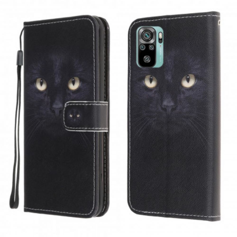 Leren Hoesje voor Xiaomi Redmi Note 10 / 10S Met Ketting Zwarte Kattenogen Met Riem