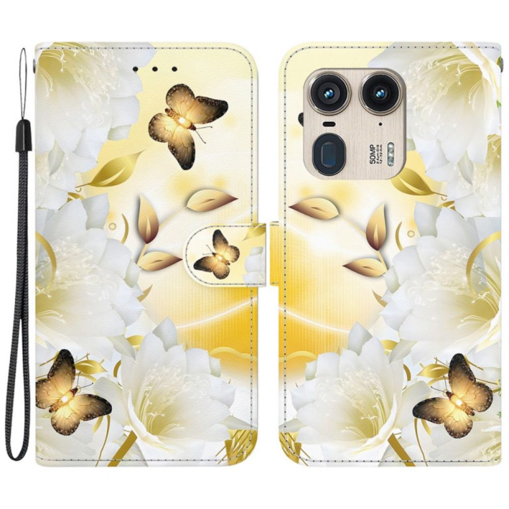 Folio-hoesje Motorola Edge 50 Ultra Telefoonhoesje Gouden Vlinders En Witte Bloemen Met Riem