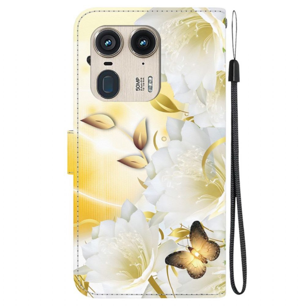 Folio-hoesje Motorola Edge 50 Ultra Telefoonhoesje Gouden Vlinders En Witte Bloemen Met Riem