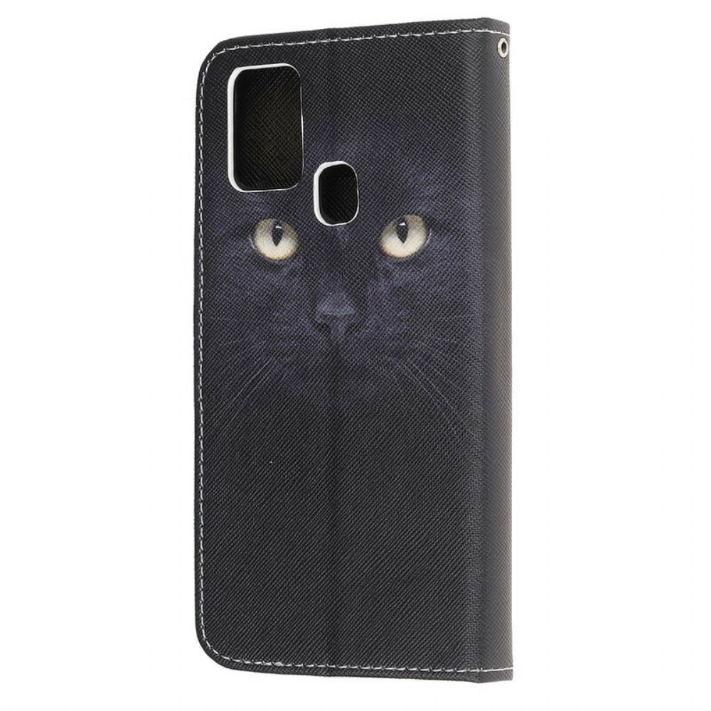 Leren Hoesje voor Samsung Galaxy M31 Met Ketting Zwarte Kattenogen Met Riem