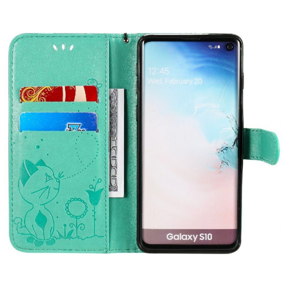 Folio-hoesje voor Samsung Galaxy S10 Met Ketting Kat En Bij Met Riem