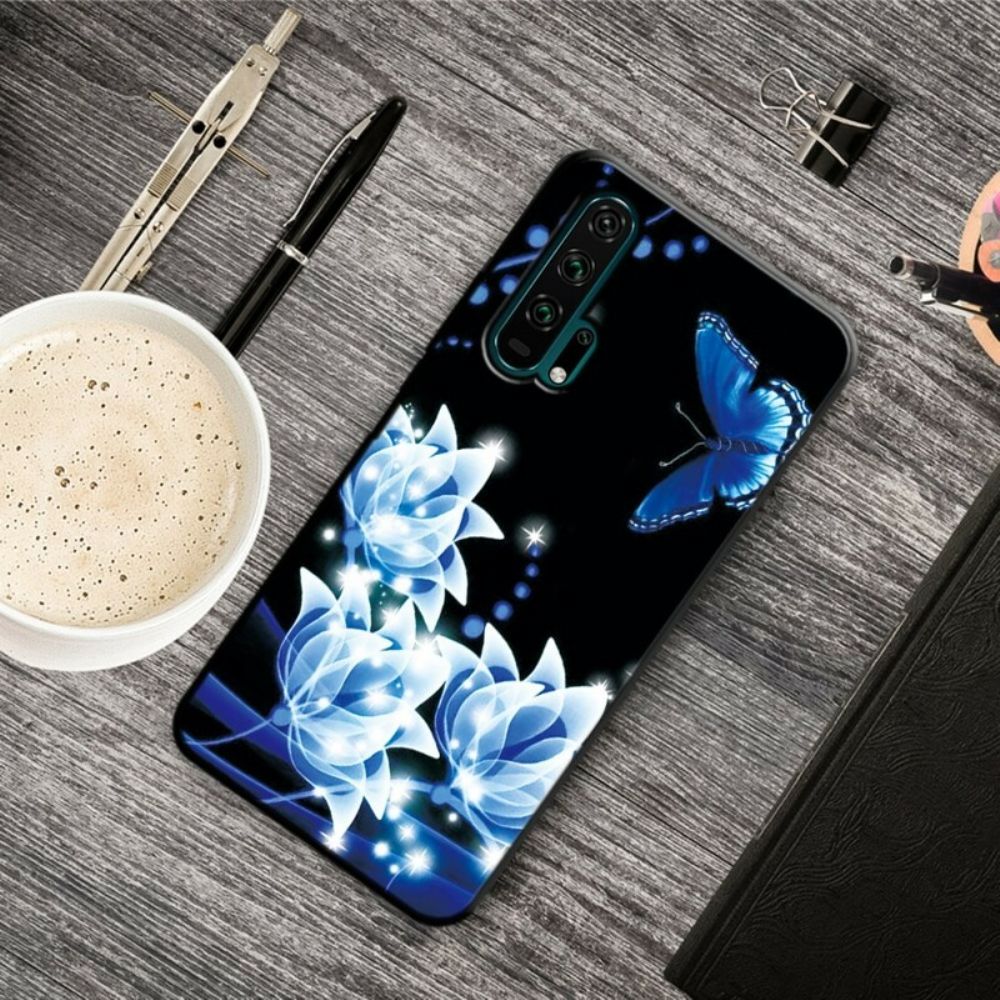 Telefoonhoesje voor Honor 20 Pro Vlinder En Blauwe Bloemen