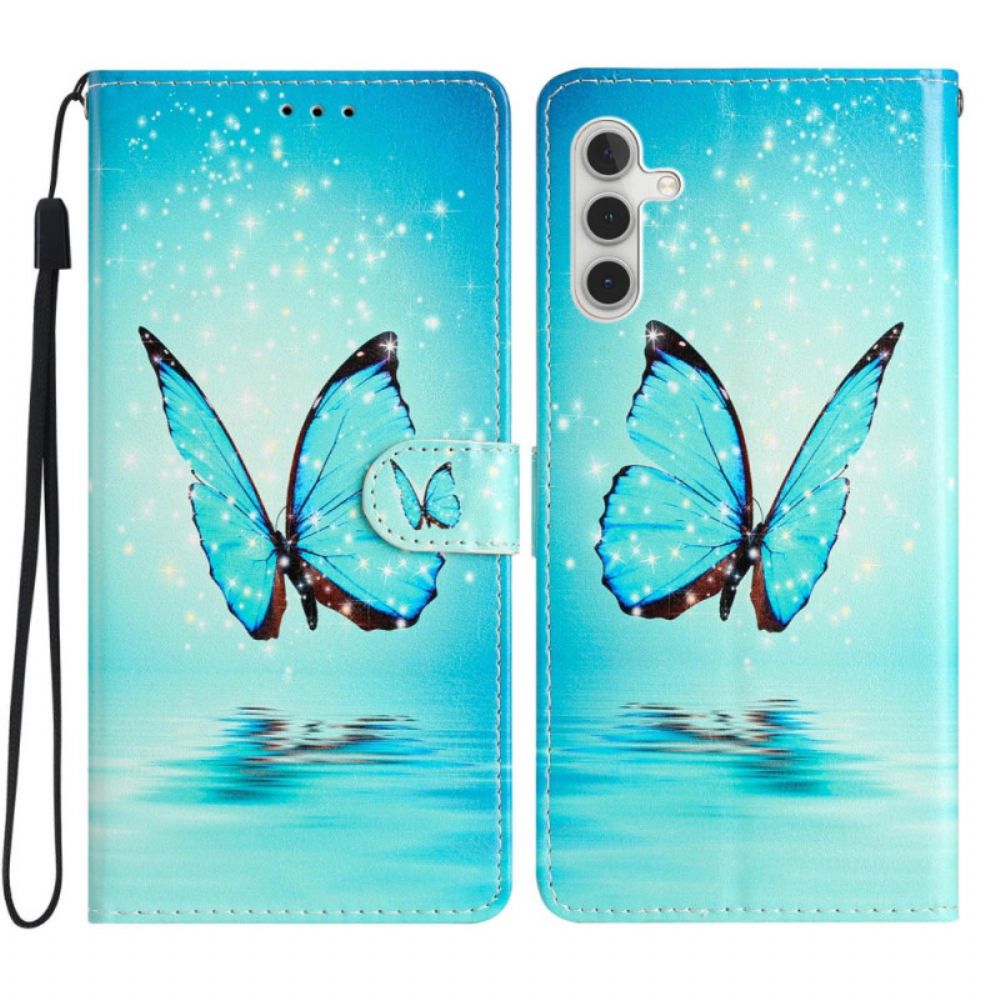 Folio-hoesje Samsung Galaxy A15 5g Telefoonhoesje Blauwe Vlinder Met Riem