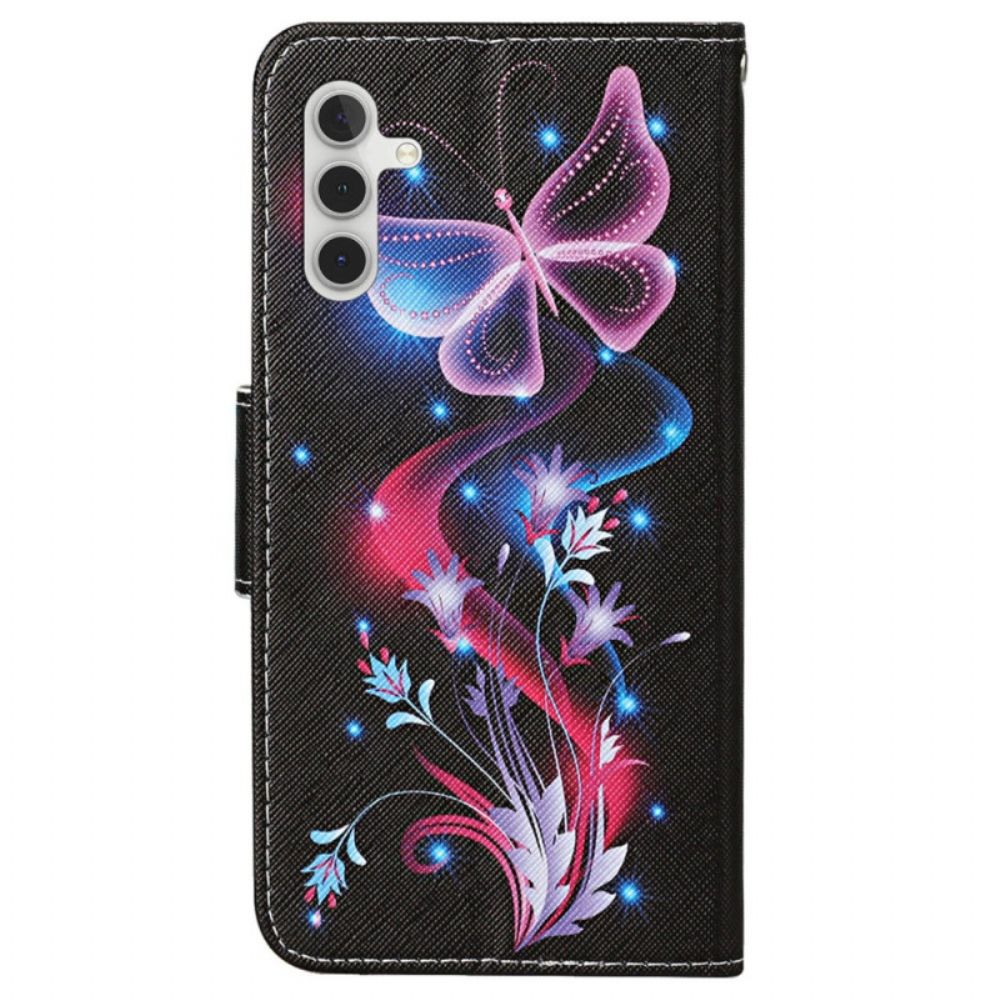 Folio-hoesje Samsung Galaxy A15 5g Telefoonhoesje Fluorescerende Vlinders Met Riempje