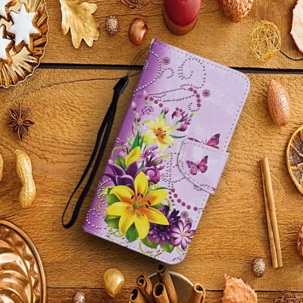 Leren Hoesje Samsung Galaxy A15 5g Gele Bloemen En Vlinders Met Riempje Bescherming Hoesje