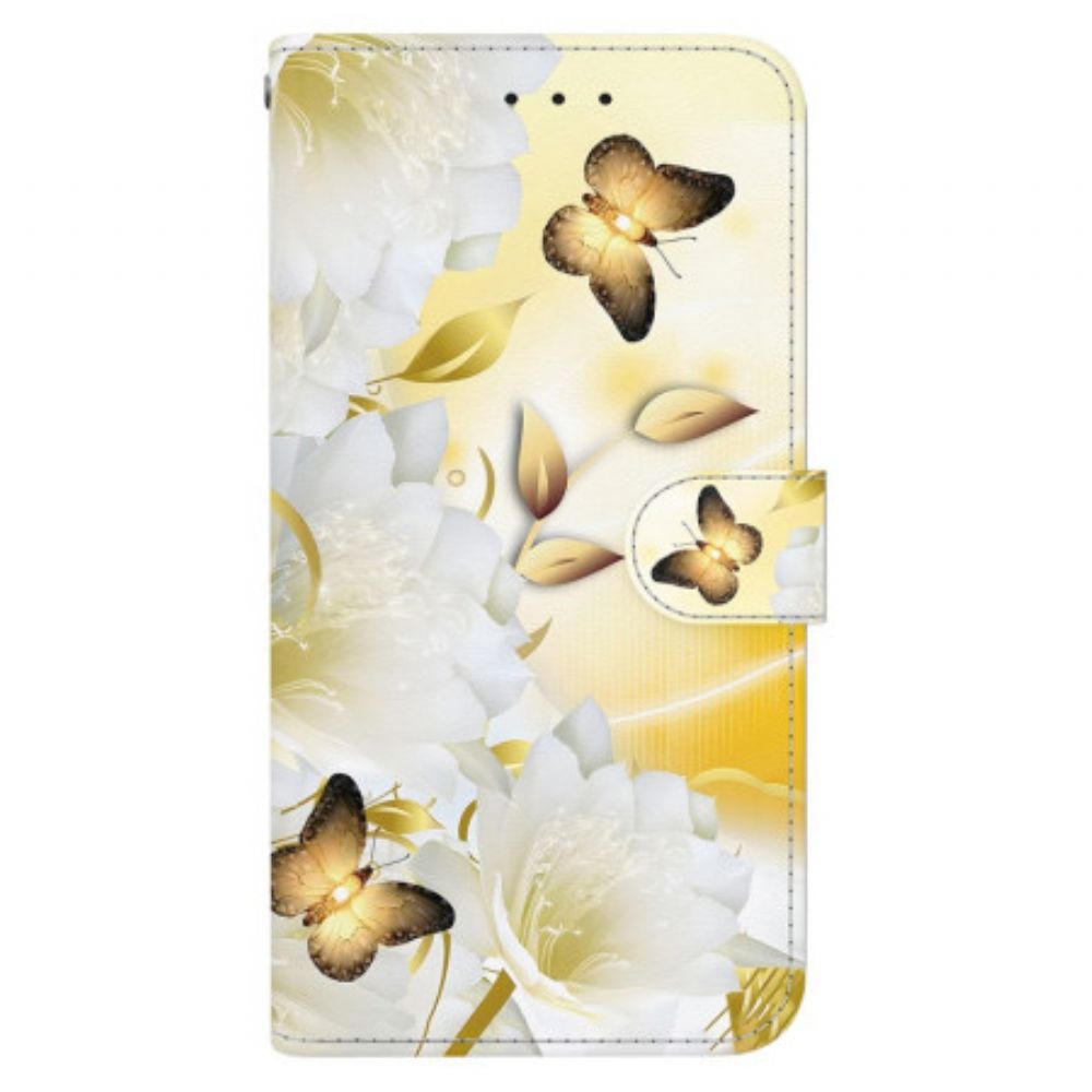 Leren Hoesje Realme 12 Plus 5g Gouden Vlinders En Bloemen Met Riem Bescherming Hoesje