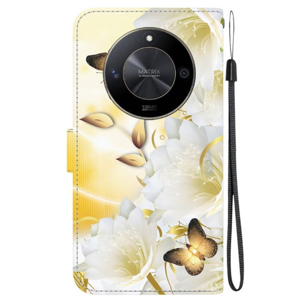 Bescherming Hoesje Honor X9b / Magic 6 Lite Gouden Vlinders En Witte Bloemen Met Riem