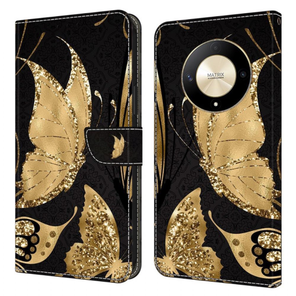 Folio-hoesje Honor X9b / Magic 6 Lite Gouden Vlinders Op Zwarte Achtergrond