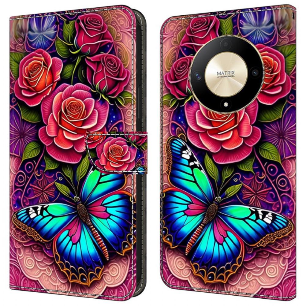 Leren Hoesje Honor X9b / Magic 6 Lite Flitsende Bloemen En Vlinders