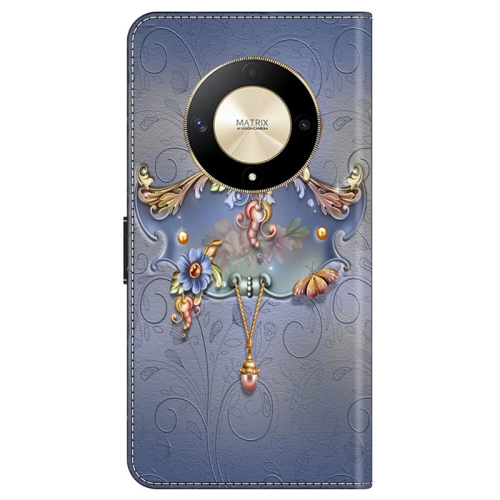 Leren Hoesje Honor X9b / Magic 6 Lite Gesneden Bloem Bescherming Hoesje