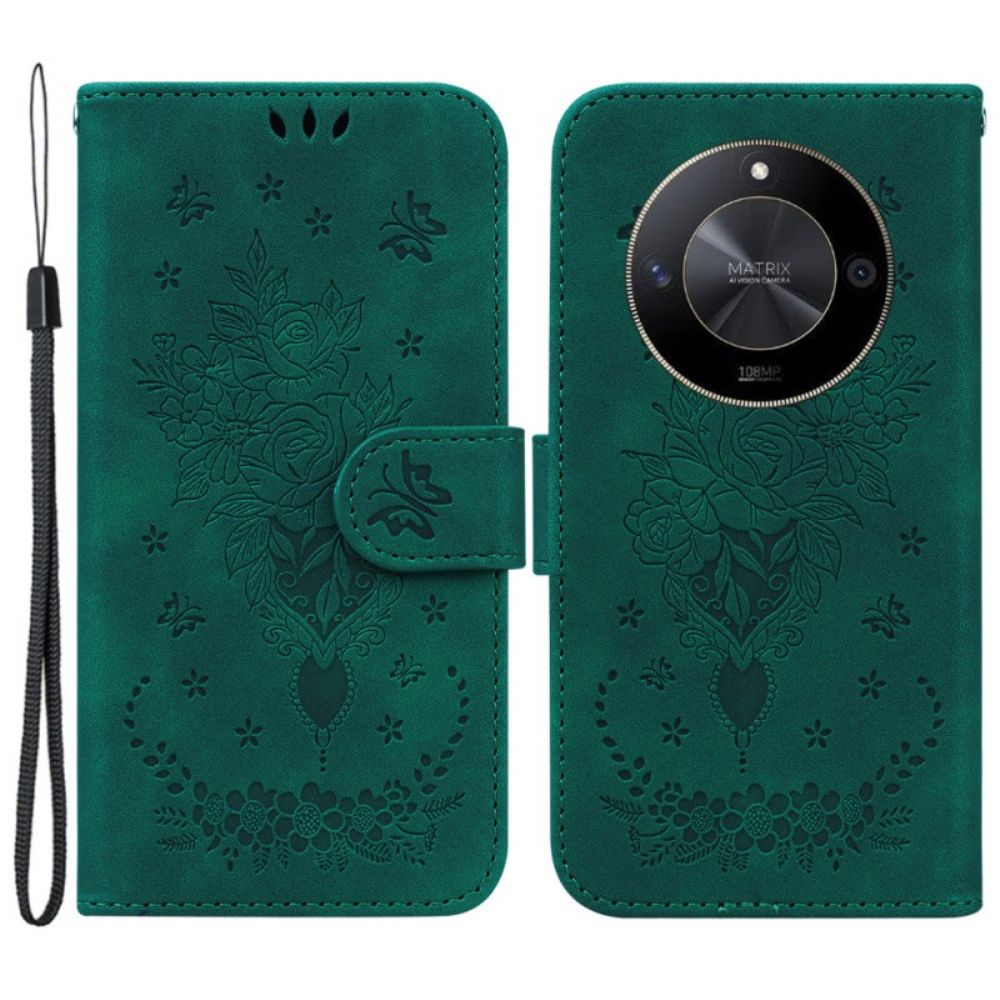 Leren Hoesje Honor X9b / Magic 6 Lite Roos En Vlinders Met Riem Bescherming Hoesje