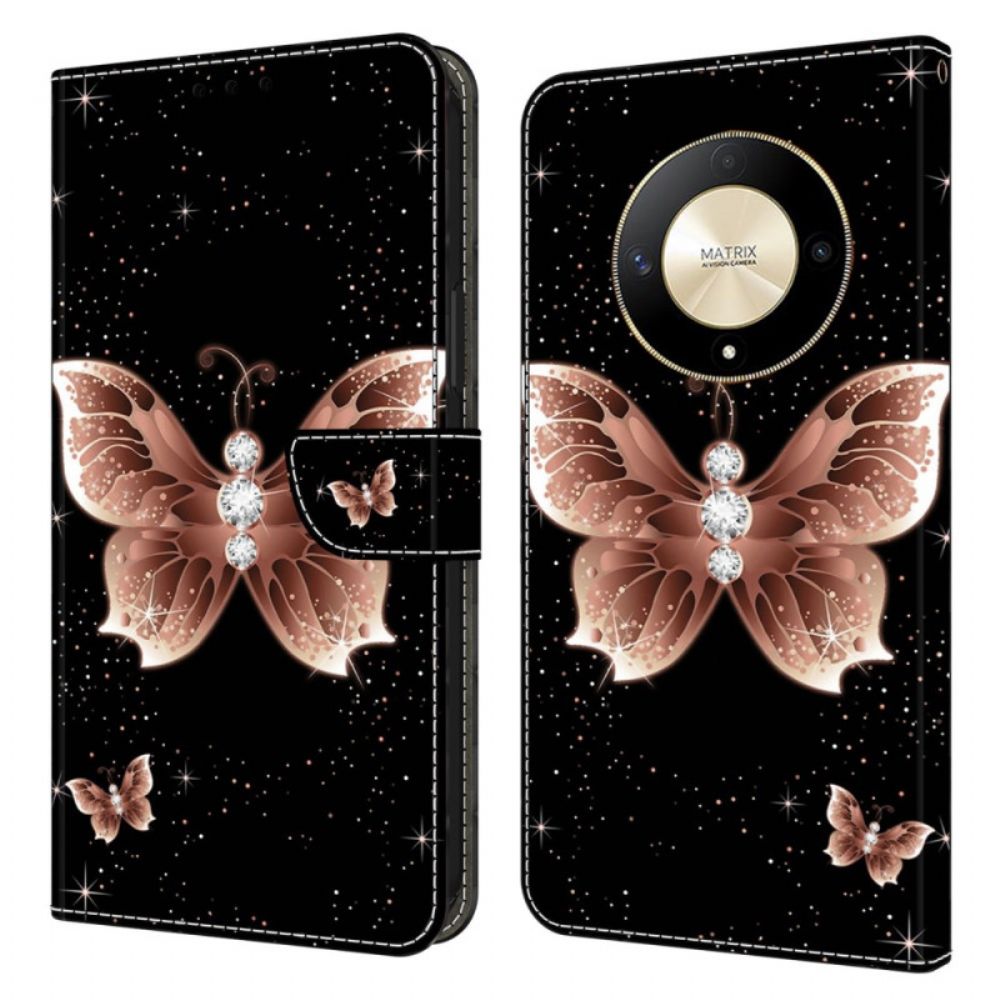 Leren Hoesje Honor X9b / Magic 6 Lite Roze Diamanten Vlinder Bescherming Hoesje