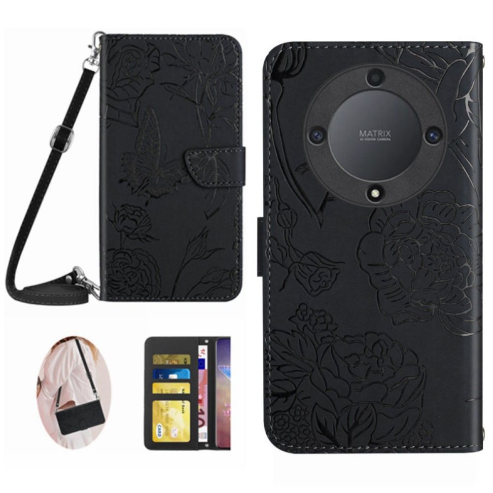 Leren Hoesje Honor X9b / Magic 6 Lite Vlinderprint Met Schouderband Bescherming Hoesje