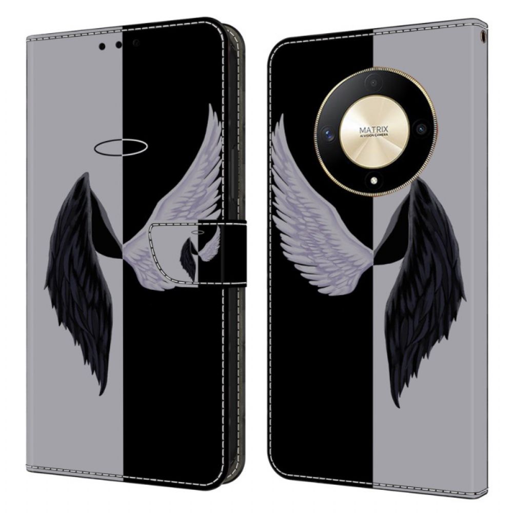 Leren Hoesje Honor X9b / Magic 6 Lite Zwart-witte Vleugels Bescherming Hoesje