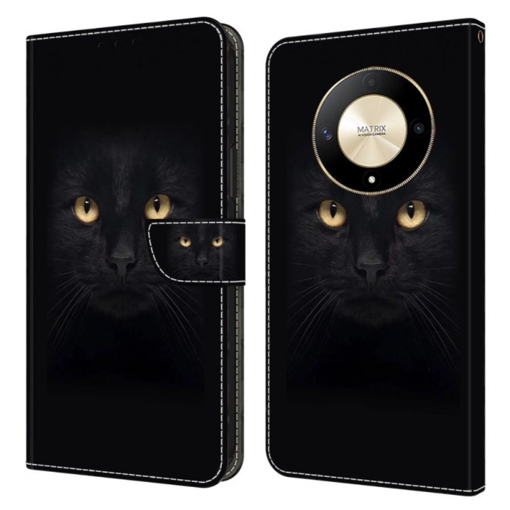 Leren Hoesje Honor X9b / Magic 6 Lite Zwarte Kat Bescherming Hoesje